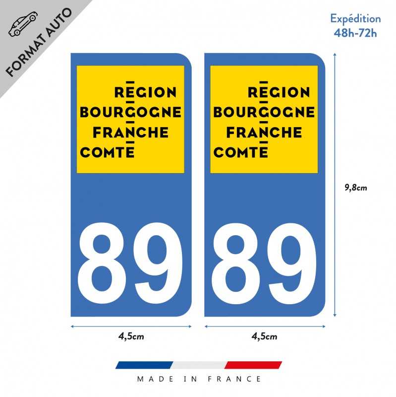 Lot De 4 Autocollants Département 89 Yonne - Pour Plaque Immatriculation - Dimensions Officielles 45x100 Mm